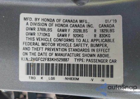 2019 Honda Civic Sport из США, поврежденный, VIN 2HGFC2F83KH529887